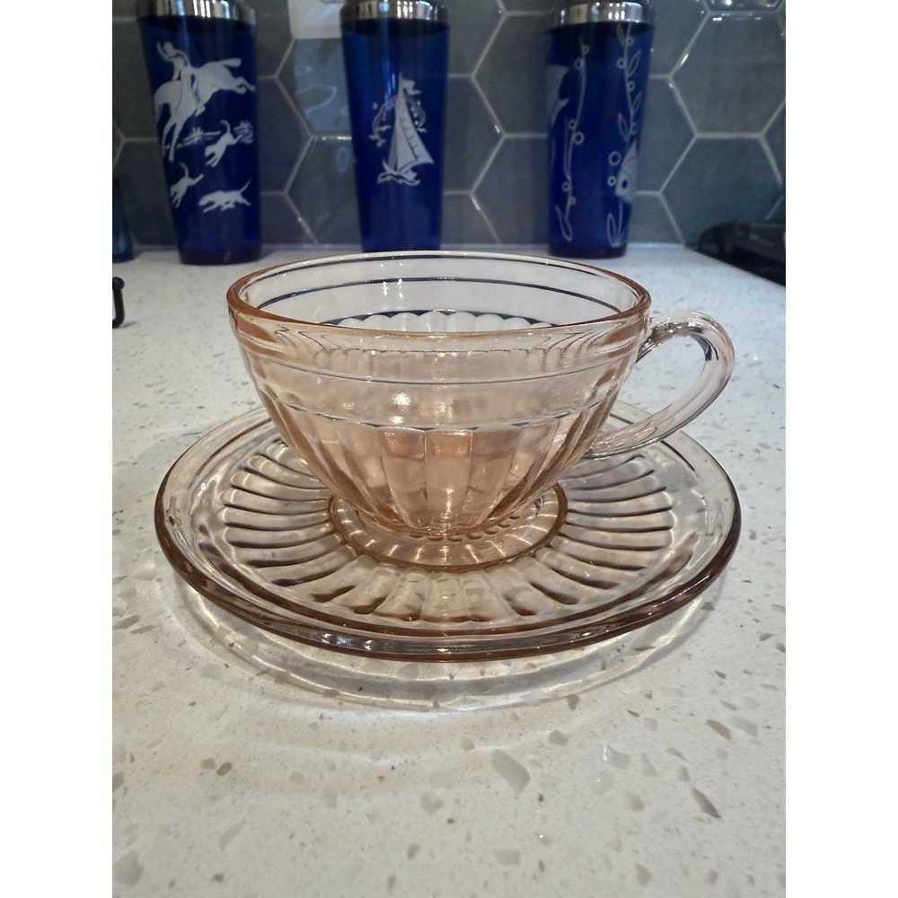 Hazel Atlas Aurora Cup and Saucer Set Pink Depression Glass